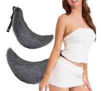 Hperu Queue de loup en fausse fourrure Therian Halloween 27 pouces avec ceinture - Costume pour adultes et enfants, fête cosplay, Renaissance, jeu de rôle animal, gris