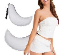 Hperu Queue de loup en fausse fourrure Therian Halloween 27 pouces avec ceinture - Costume pour adultes et enfants, cosplay, Renaissance, jeu de rôle animal, blanc