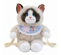 Hperu Sac à dos en peluche pour animal en peluche, sac à dos en chat Ragdoll avec bavoir en dentelle et broderie, marron clair