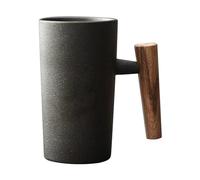 Hperu Tasse à café de 220 ml avec poignée en bois, design vintage ergonomique en grès exquis, tasse en céramique noire pour le thé, les boissons, l'eau, à la maison et au bureau