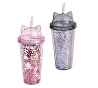 Hperu Tasse à eau pailletée, 2 pièces 400-500 ml tasse à eau double couche grise avec paille, design pailleté boire avec oreille de chat pour fille et usage quotidien