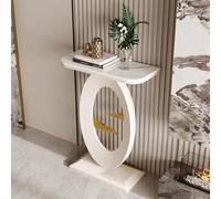 HPIRFYE Table Console en Pierre frittée pour entrée, Table Moderne avec Cadre Rond Oriental, Structure métallique laquée Haute température, pour Salon, Couloir ou Bureau(White+White,60cm)