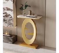 HPIRFYE Table Console en Pierre frittée pour entrée, Table Moderne avec Cadre Rond Oriental, Structure métallique laquée Haute température, pour Salon, Couloir ou Bureau(Brown+Gold,60cm)