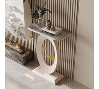 HPIRFYE Table Console en Pierre frittée pour entrée, Table Moderne avec Cadre Rond Oriental, Structure métallique laquée Haute température, pour Salon, Couloir ou Bureau(Gray+White,100cm)
