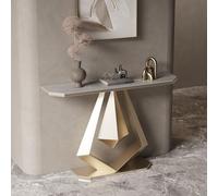 HPIRFYE Table D’entrée Moderne avec Plateau en Pierre, Console Décorative pour Hall avec Cadre Géométrique en Fer Forgé, Montage Facile, pour Salon Ou Entrée(Gray+Gold,150cm)