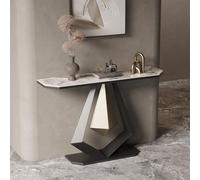 HPIRFYE Table D’entrée Moderne avec Plateau en Pierre, Console Décorative pour Hall avec Cadre Géométrique en Fer Forgé, Montage Facile, pour Salon Ou Entrée(Brown+Black,80cm)