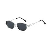 HPIRME Lunettes de soleil vintage pour femmes, petites, ovales, polygonales, branches ajourées en métal (gris argenté)