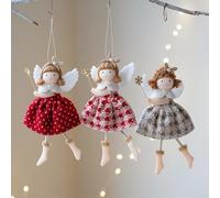HpLive Lot de 3 pendentifs ange de Noël en tissu avec ailes blanches, tige dorée pour décoration festive de sapin de Noël et de salon