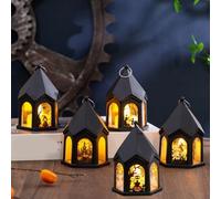 HpLive Lot de 5 mini lanternes décoratives avec flamme LED pour Halloween et mariage, design hexagonal, lanternes suspendues noires
