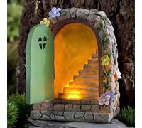 HpLive Porte d'elfe miniature en résine avec lustre, porte de fée escalier solaire cour en résine ornement artisanat vie rurale escalier enfants cour rétro ornement pelouse