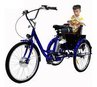 HpLNDas Vélo électrique Familial à 3 Roues,Tricycle éLectrique pour Adulte avec Panier/Batterie Amovible,Pneus De 24 Pouces,avec SièGe Ou Panier De Traction,Charge Maximale:150 Kg,Blue-WithSeat