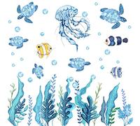 HPNIUB Autocollant Mural Salle De Bain Colorée Mer Poisson De Bande Dessinée Monde Sous-Marin Animaux Déco Pour Chambre Bébé Garçon Bleu