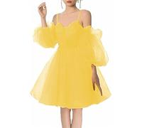 HPPEE Robe de bal à épaules dénudées, bretelles spaghetti, manches bouffantes et cœur pour juniors et femmes, jaune, 38