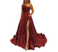 HPPEE Robe de bal à une épaule dénudée pour adolescentes, longue avec fente à paillettes scintillantes, robe de soirée formelle, bordeaux, 54 Grande taille