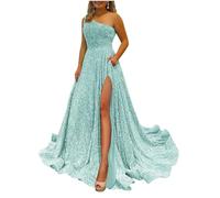 HPPEE Robe de bal à une épaule dénudée pour adolescentes, longue avec fente à paillettes scintillantes, robe de soirée formelle, vert menthe, 52 plus