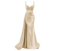 HPPEE Robe de bal en satin à bretelles spaghetti pour femme avec fente en dentelle appliques sirène robe de soirée formelle, champagne, 36