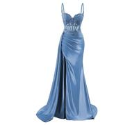 HPPEE Robe de bal en satin à bretelles spaghetti pour femme avec fente en dentelle appliques sirène robe de soirée formelle, Bleu poudré, 58 Grande taille