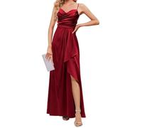 HPPEE Robe de bal en satin avec bretelles spaghetti et col en V pour femme avec fente froncée, bordeaux, 40