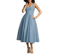 HPPEE Robe de bal en satin avec poches, longueur thé, pour femme, robe de bal, corset, Bleu poudré, 38