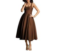 HPPEE Robe de bal en satin avec poches, longueur thé, pour femme, robe de bal, corset, marron, 52 Grande taille