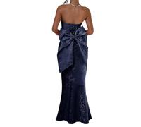 HPPEE Robe de bal en satin jacquard floral pour femme 2026 sans bretelles, robe de bal de sirène longue robe de cocktail, bleu marine, 34