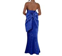 HPPEE Robe de bal en satin jacquard floral pour femme 2026 sans bretelles, robe de bal de sirène longue robe de cocktail, bleu marine, 44