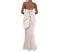 HPPEE Robe de bal en satin jacquard floral pour femme 2026 sans bretelles, robe de bal de sirène longue robe de cocktail, ivoire, 48 Grande taille