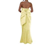 HPPEE Robe de bal en satin jacquard floral pour femme 2026 sans bretelles, robe de bal de sirène longue robe de cocktail, jaune, 54 Grande taille
