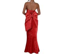 HPPEE Robe de bal en satin jacquard floral pour femme 2026 sans bretelles, robe de bal de sirène longue robe de cocktail, Rouge, 42