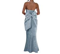 HPPEE Robe de bal en satin jacquard floral pour femme 2026 sans bretelles, robe de bal de sirène longue robe de cocktail, Bleu poudré, 40