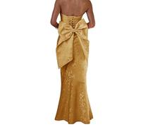 HPPEE Robe de bal en satin jacquard floral pour femme 2026 sans bretelles, robe de bal de sirène longue robe de cocktail, marron, 54 Grande taille
