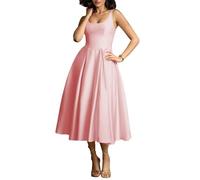 HPPEE Robe de bal en satin pour femmes, longueur thé, avec poches, A ligne, robe de bal à corset, robe de fête formelle, rose, 46