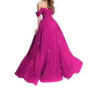HPPEE Robe de bal longue à épaules dénudées en tulle pailleté WYX486 - Rouge rose - Taille 48