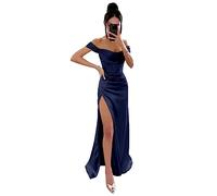 HPPEE Robe de bal longue sans manches à épaules dénudées - Corset sirène en satin avec fente pour femme, bleu marine, 36