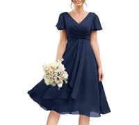 HPPEE Robe de demoiselle d'honneur à manches flottantes et col en V en mousseline de soie courte pour mariage, robe de cocktail formelle longueur genou, bleu marine, 38