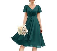 HPPEE Robe de demoiselle d'honneur à manches flottantes et col en V en mousseline de soie courte pour mariage, robe de cocktail formelle longueur genou, paon, 38