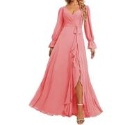 HPPEE Robe de demoiselle d'honneur à manches longues avec fente et col en V froncé en mousseline de soie pour femme, corail, 44