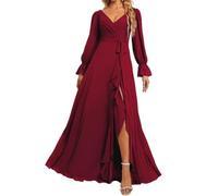 HPPEE Robe de demoiselle d'honneur à manches longues avec fente et col en V froncé en mousseline de soie pour femme, rouge vin, 38