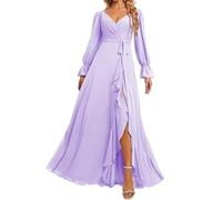 HPPEE Robe de demoiselle d'honneur à manches longues avec fente et col en V froncé en mousseline de soie pour femme, lilas, 44