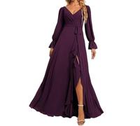 HPPEE Robe de demoiselle d'honneur à manches longues avec fente et col en V froncé en mousseline de soie pour femme, prune, 46