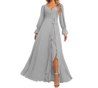 HPPEE Robe de demoiselle d'honneur à manches longues avec fente et col en V froncé en mousseline de soie pour femme, Argenté., 46