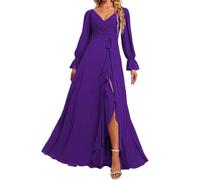 HPPEE Robe de demoiselle d'honneur à manches longues avec fente et col en V froncé en mousseline de soie pour femme, violet, 44