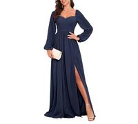 HPPEE Robe de demoiselle d'honneur à manches longues pour femme - Robe plissée en mousseline de soie avec fente, bleu marine, 46