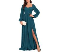 HPPEE Robe de demoiselle d'honneur à manches longues pour femme - Robe plissée en mousseline de soie avec fente, paon, 42