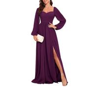 HPPEE Robe de demoiselle d'honneur à manches longues pour femme - Robe plissée en mousseline de soie avec fente, prune, 40