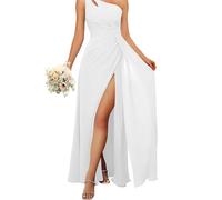 HPPEE Robe de demoiselle d'honneur asymétrique avec fente en mousseline de soie fluide pour femme, blanc, 36