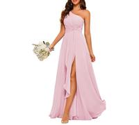 HPPEE Robe de demoiselle d'honneur asymétrique en mousseline de soie avec longue robe plissée pour femme, rose, 38