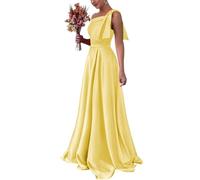 HPPEE Robe de demoiselle d'honneur asymétrique en satin pour femme, robe formelle pour invitée de mariage, jaune, 46