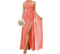 HPPEE Robe de demoiselle d'honneur asymétrique pour femme en mousseline de soie froncée avec fente, corail, 38
