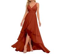 HPPEE Robe de demoiselle d'honneur en mousseline de soie avec bretelles spaghetti et col en V - Robe de soirée froncée, orange brûlé, 34